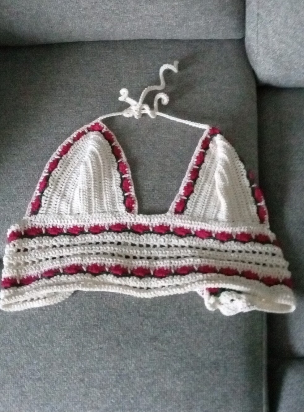 Crochet Bralette Top in Cream with Pink Accents